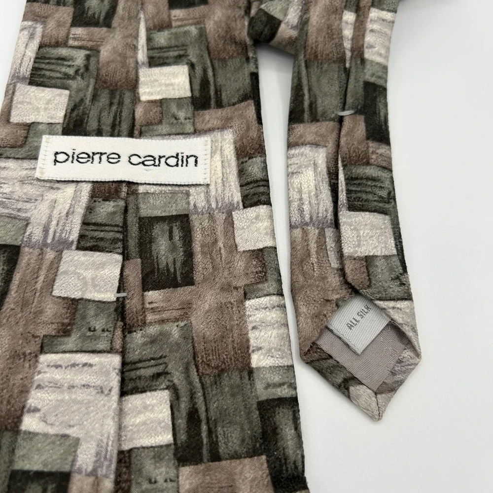 Pierre Cardin Necktie Geometric Blocks Mens OS Grey Brown Silk Vintage 90s